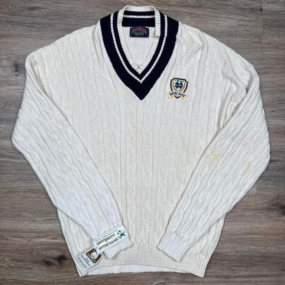 CRAZY vintage 90s DEADSTOCK nutmeg notre dame cable knit varsity sweater